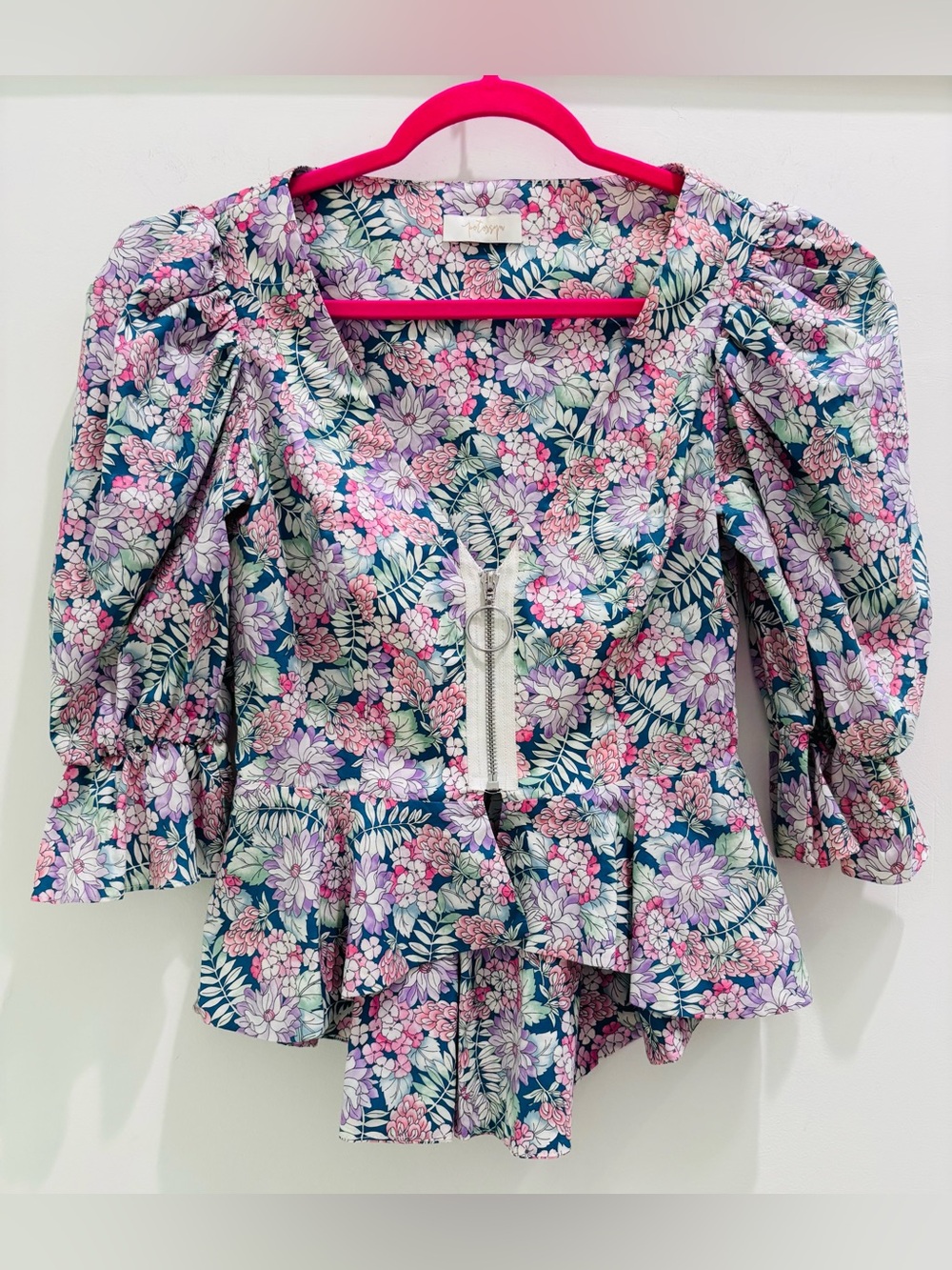 Petersyn Floral Puff-Sleeve Zip Peplum Top - Pink, Lavender & Navy